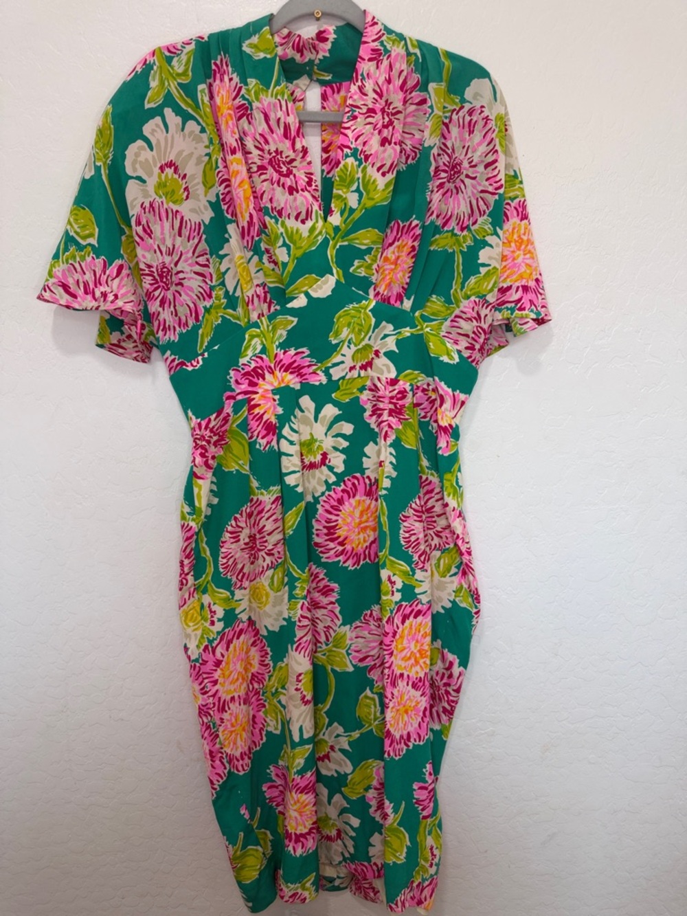 Carmen Marc vintage women’s floral silk multi green sz 14 v-neck 80s bright midi